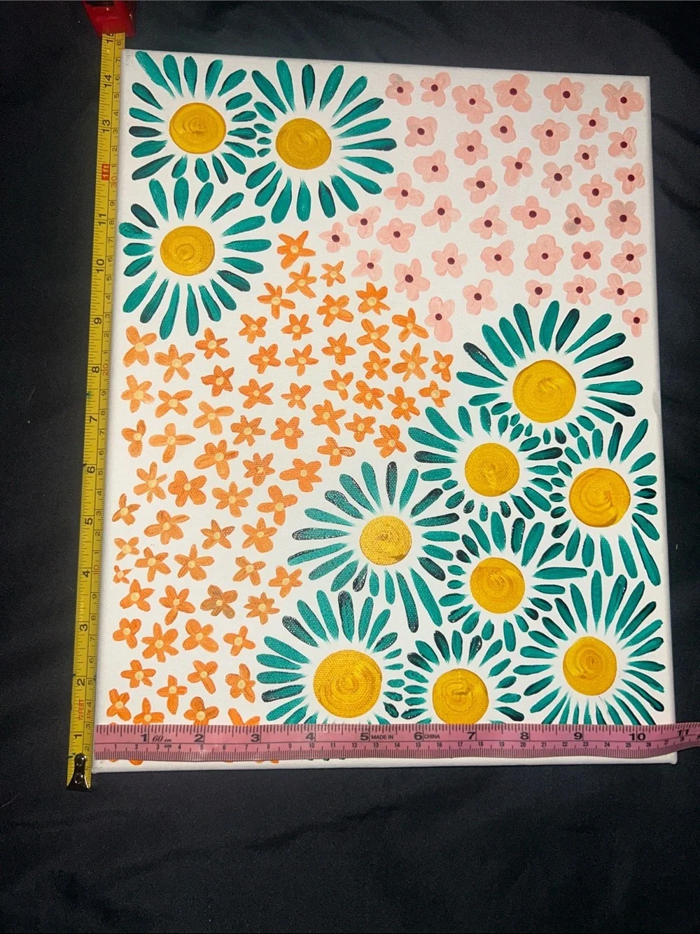 Hand-Painted Floral Canvas — Yellow, Teal & Peach Flowers
